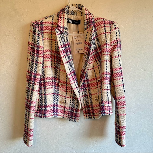 Zara blue, pink and cream plaid tweed double breasted blazer. NWT size M - Picture 4 of 10